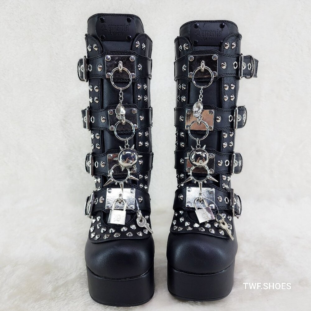 Demonia Charade Mace Charms Platform Chunky Heel Goth Mid Calf Boots